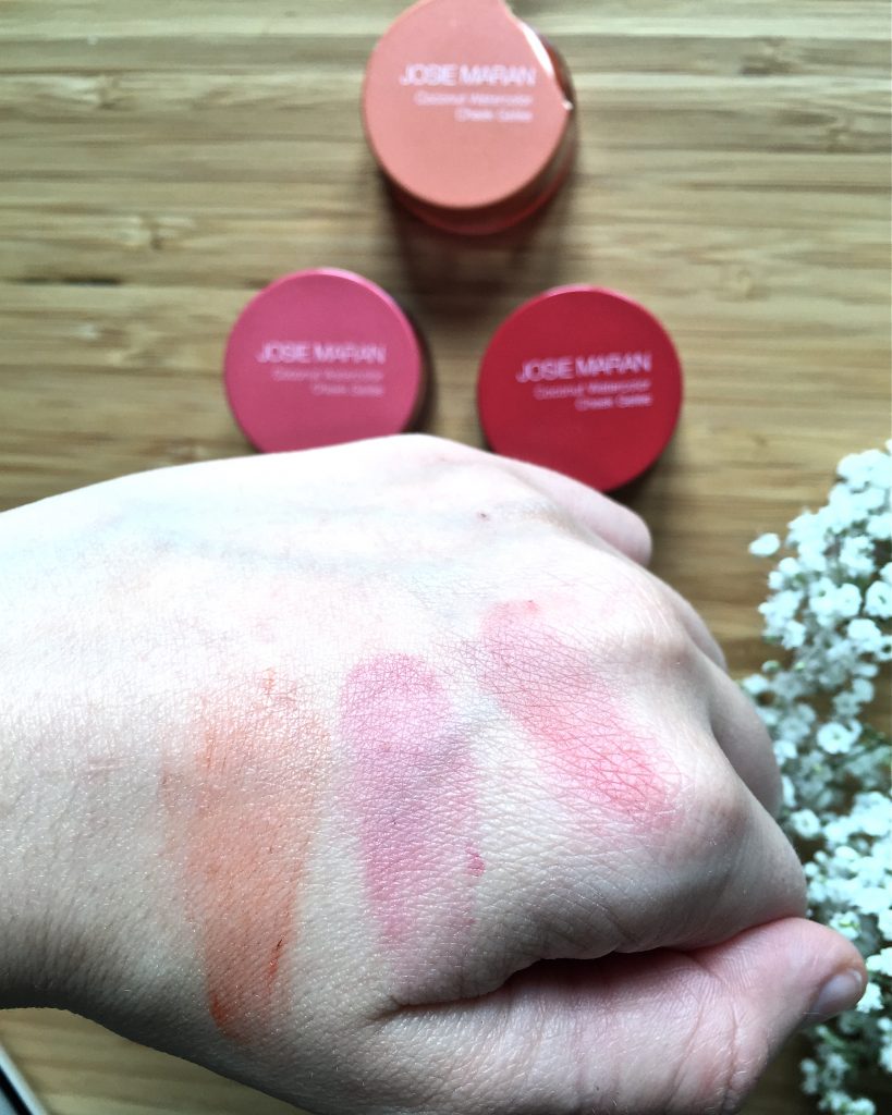 josie maran coconut watercolor cheek gelée coral crush pink escape getaway red swatch